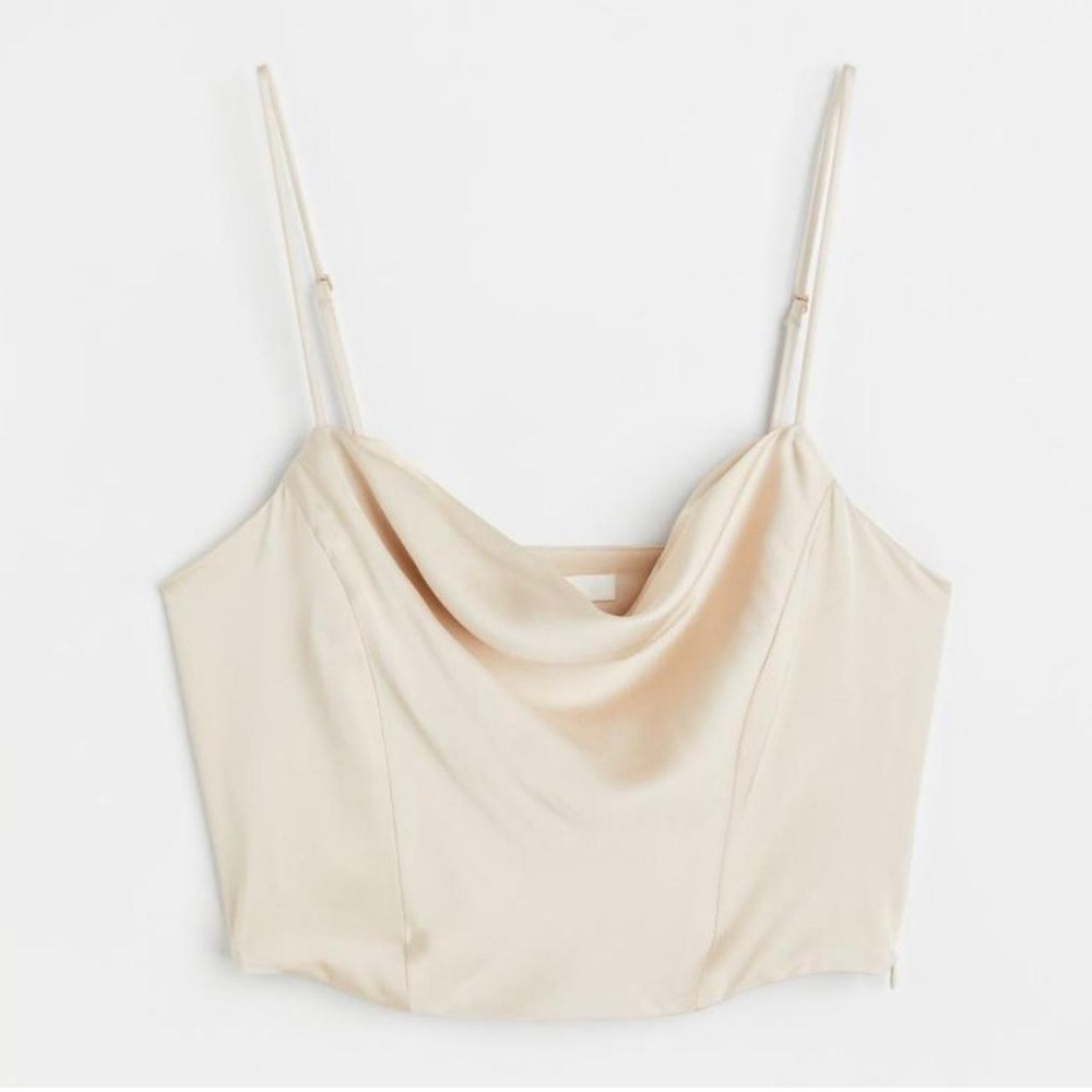 H&M satin cropped corset top draped cowl neck adjustable straps NWT‎